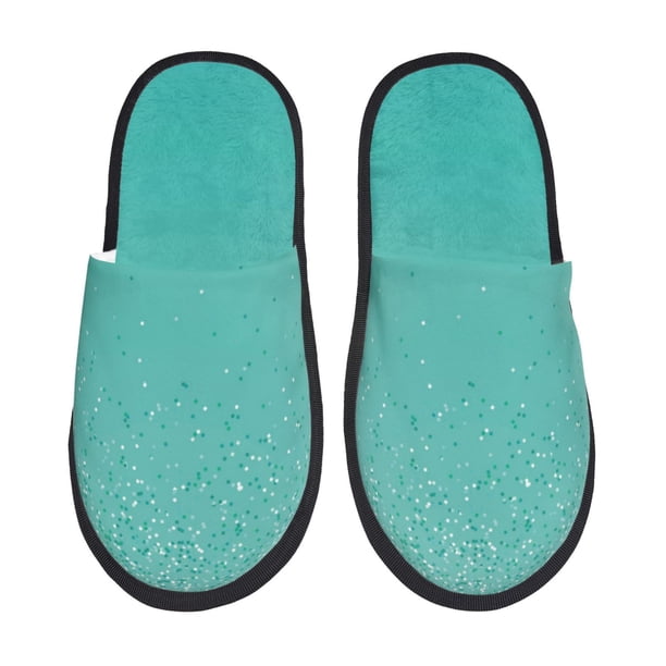 Balery Turquoise Glitter Pantuflas de Casa de Felpa Silenciosas con Diseño Estampado, Zapatillas Cómodas Antideslizantes de Algodón para Interior-Medium