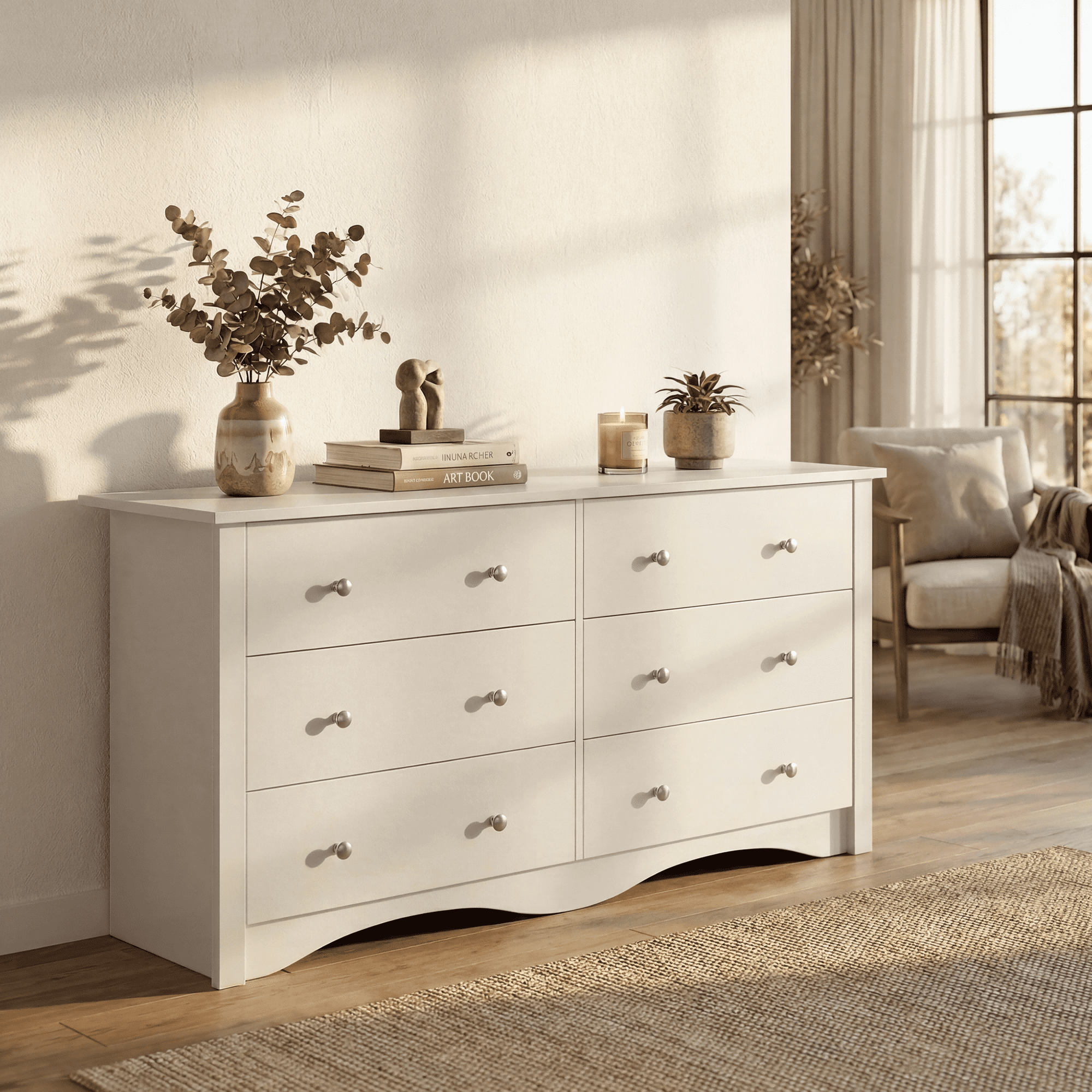 Homall 6 Drawer Double Dresser, Modern Chest of Drawers, Wood Storage Cabinet for Bedroom & Living Room, White