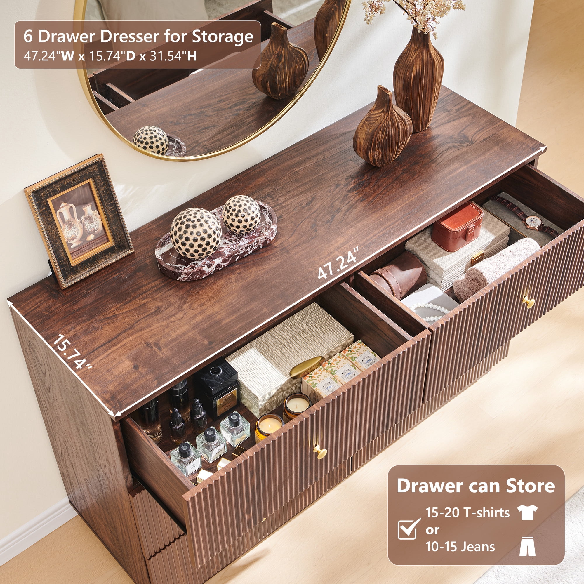 wow97e Fluted 6 Drawers Dresser, Wood 47" Tall Chest of Drawers with Deep Storage, Modern Bedroom Chest for Closet Hallway, Entryway, Living Room