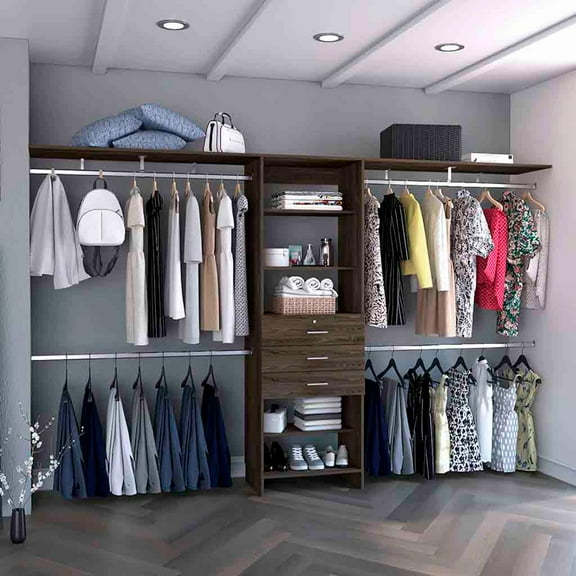 Plego 69"W - 118"W Drawers Closet System, Five Shelves, Four Hanging Rods, Three Drawers Dark Walnut