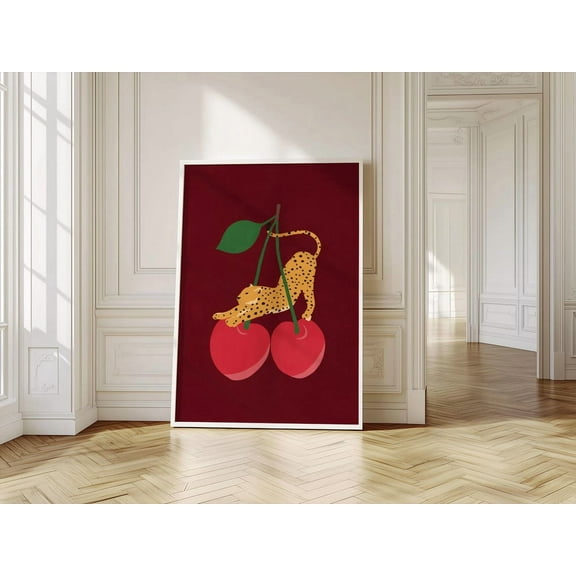 Miluva Cheetah Leopard Wall Art (Burgundy) - Red Cheetah Cherry, Leopard Cherry Wall Art, Boho Preppy Decor, Trendy Bar Cart Art, Decor For Living Room Bedroom, 8x12 UNFRAMED