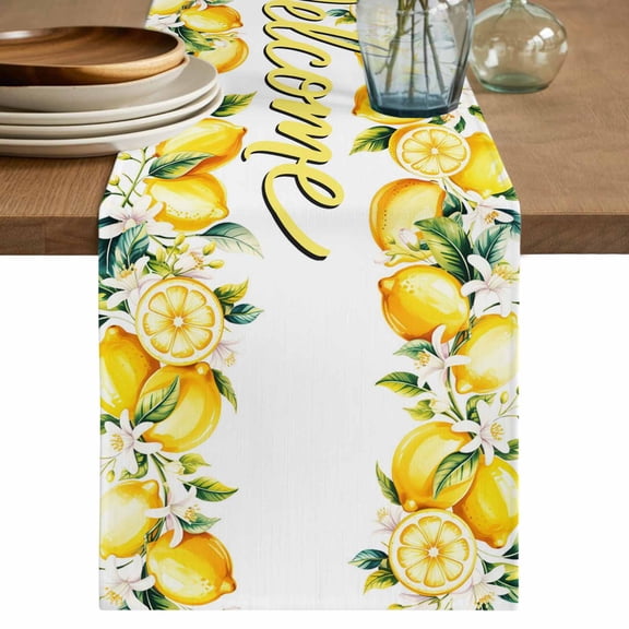 Table Runner - 120 Inch Long, Yellow Lemons Kitchen Dining Table Runner Dresser Scarves, Summer Fruits Leaves Pastoral Botanical Farmhouse Decor for Coffee Tables Wedding Party Banquet