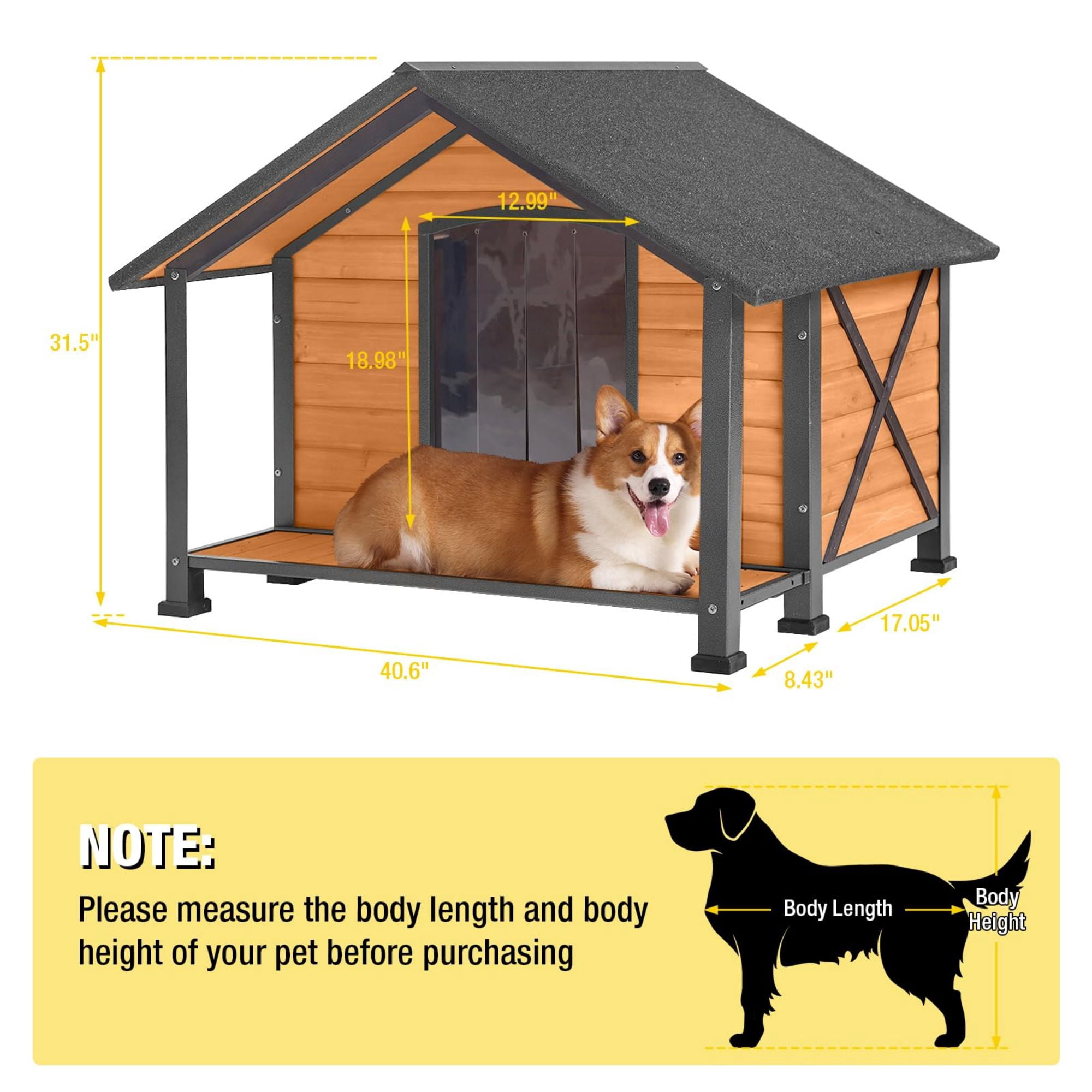 Aivituvin Anti-Chewing Outdoor Dog House with Iron Frame, 34.3"D Weatherproof Wooden Dog Kennels with Large Porch for Outdoor & Indoor, Brown