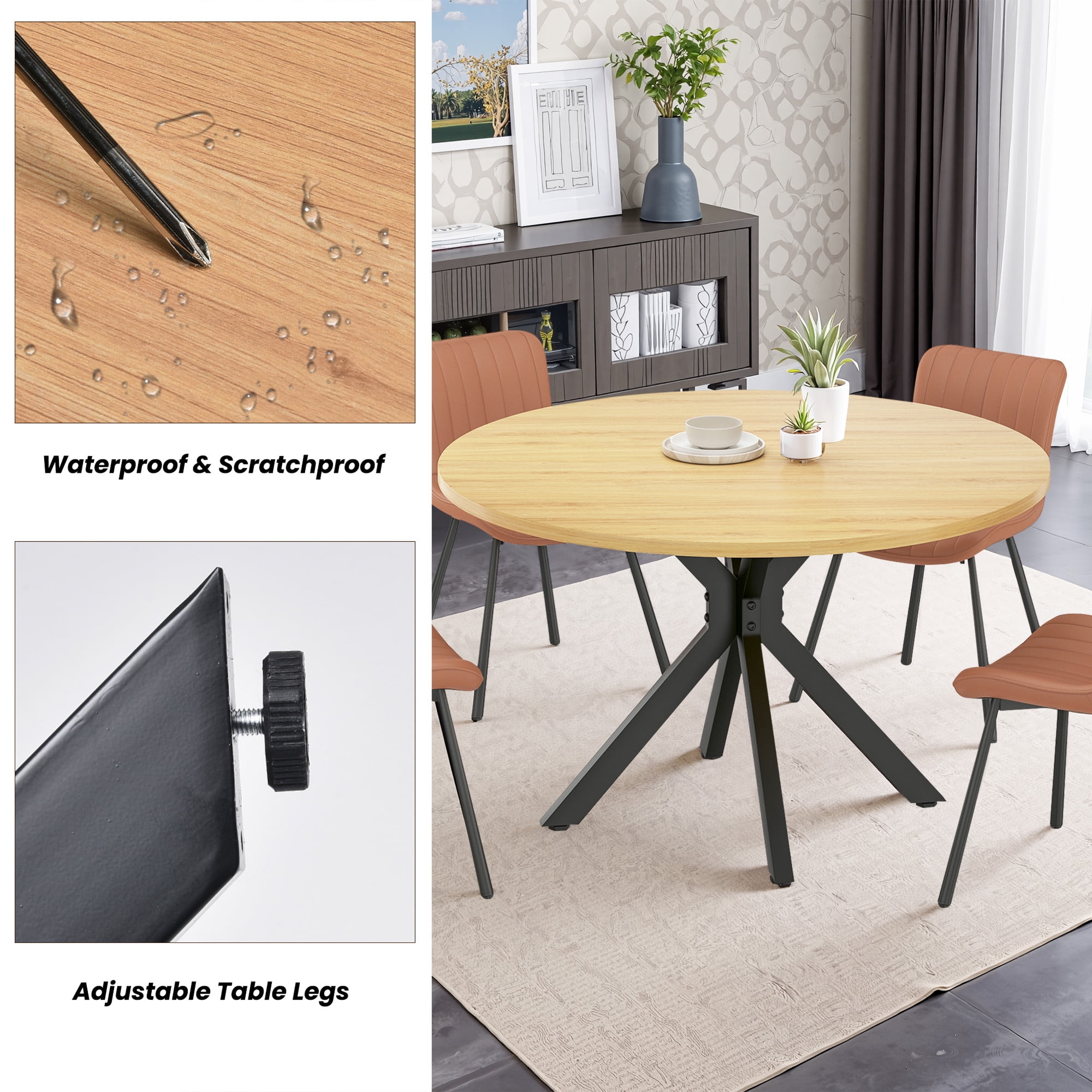 MAYEERTY 47"Round Modern Dining Table Fits 4-6, Farmhouse Style,Metal Frame for Kitchen/Dining Room, Nature