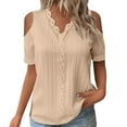 thumbnail image 2 of HLKJKLS T Shirts For Women Lace V Neck Short Sleeve Solid Color Elegant Comfy Soft Casual Vacation Tee Beige S-5Xl, 2 of 9