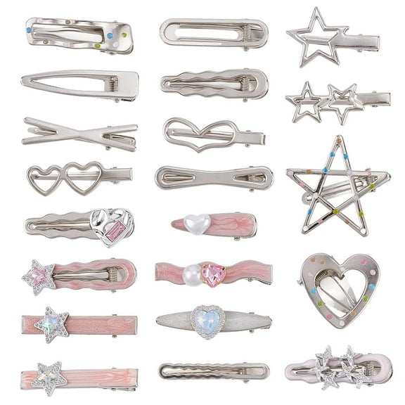 1 Box 21Pcs Silver Heart and Star Hair Clips Shiny Glitter Snap Hair Barrettes Double Star Hairpins Accessories Love Headwear for Women Long Short Bobby Decoration DIY Jewelry Clamps Grey