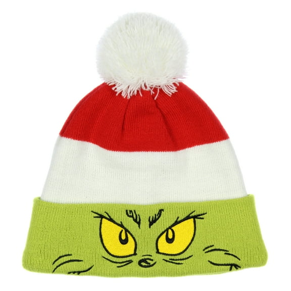 Dr. Seuss The Grinch Embroidered Face Color Block Pom Fold Cuff Adult Knit Beanie