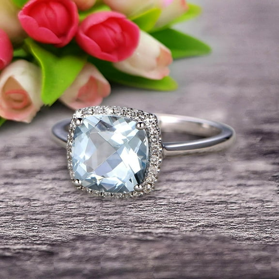 1.55 Carat 7mm Cushion Aquamarine Engagement Ring on 10k White Gold Halo