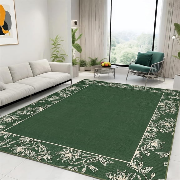 Washable Rug Non Slip Living Room Area Rug Farmhouse Bordered Low Pile Throw Carpet for Bedroom Dining Room, Stain-Resistant Soft Accent Floor Cover for Home Office