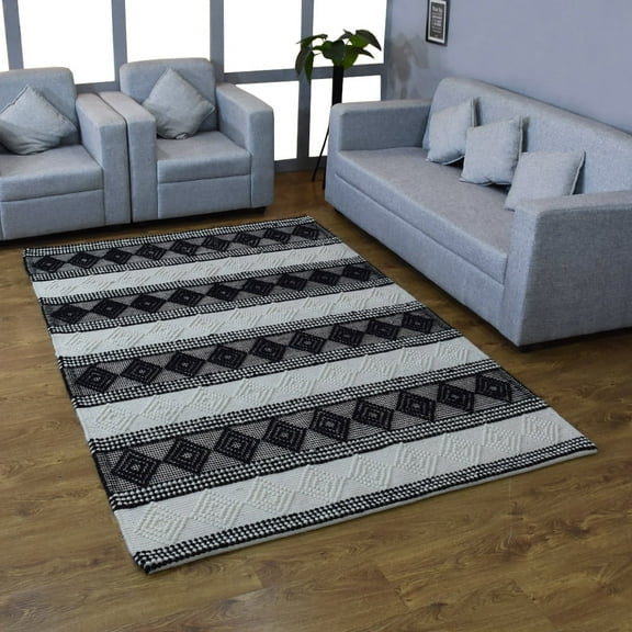 RUGSOTIC CARPETS HAND WOVEN FLAT WEAVE KILIM WOOL & COTTON ECO-FRIENDLY AREA RUGS- 5'x7'6'', Rectangle, Black White, Contemporary Design, Low Pile Handmade Area Rugs for Living Room, Bed Room (DWC002)