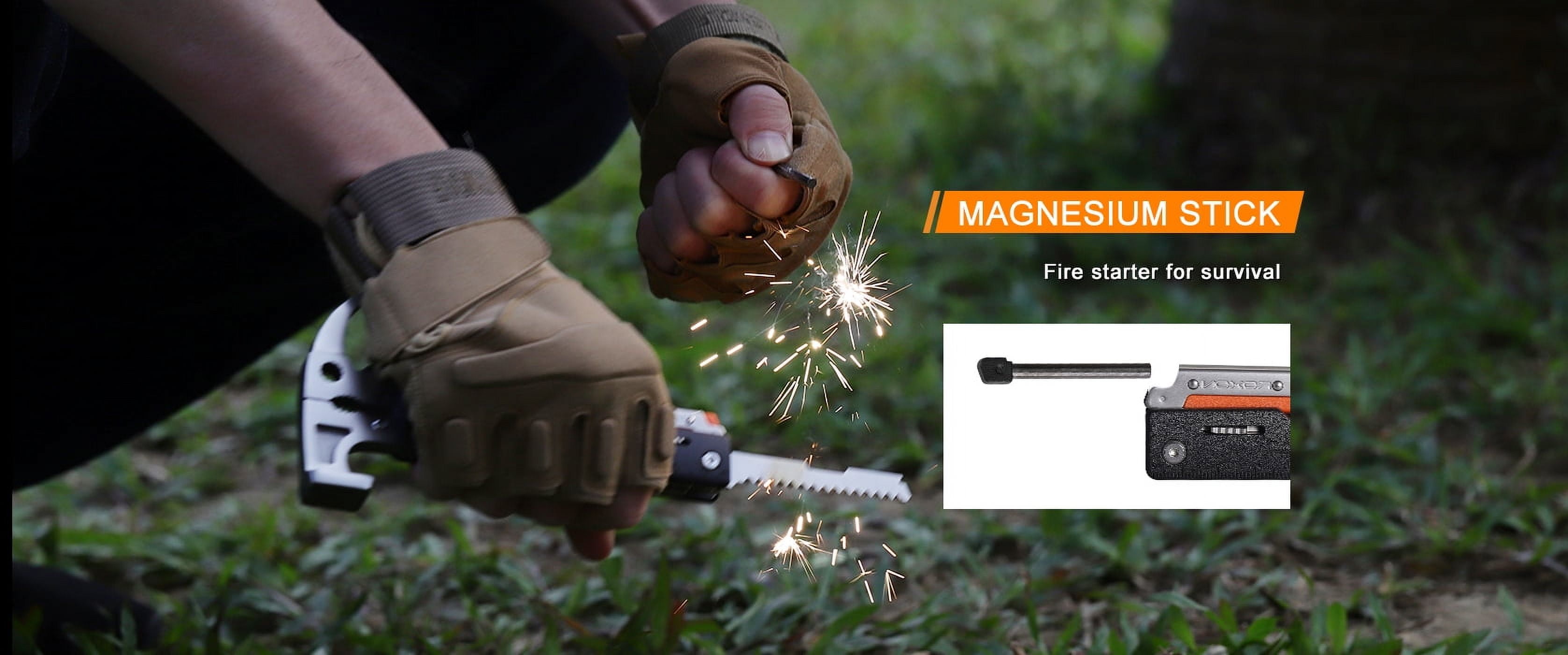 17 in 1 Camping Hammer Foldable Multitool with Flint Stone, Replaceable Wire Cutters, Knife, Saw, Whistle, Bottle Opener