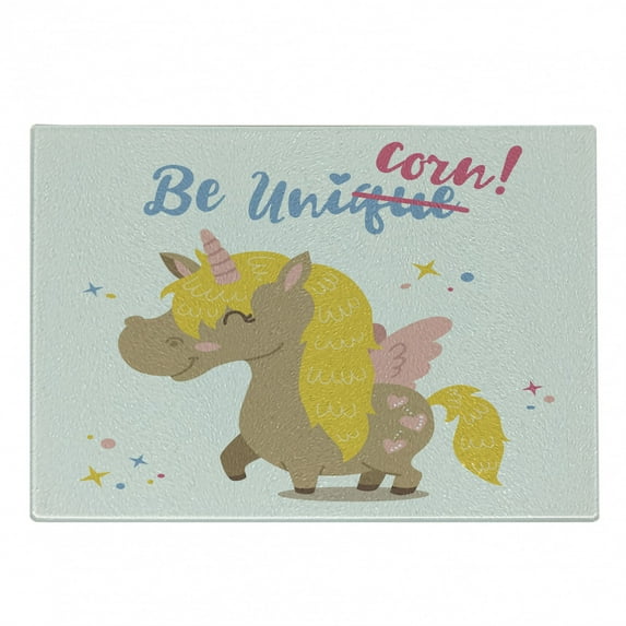 Unicorn Cutting Board, Funny Feminine Inspirational Fantasy Horse with a Horn Drawn in Cartoon Art, Decorative Tempered Glass Cutting and Serving Board, Small Size, Multicolor, by Ambesonne