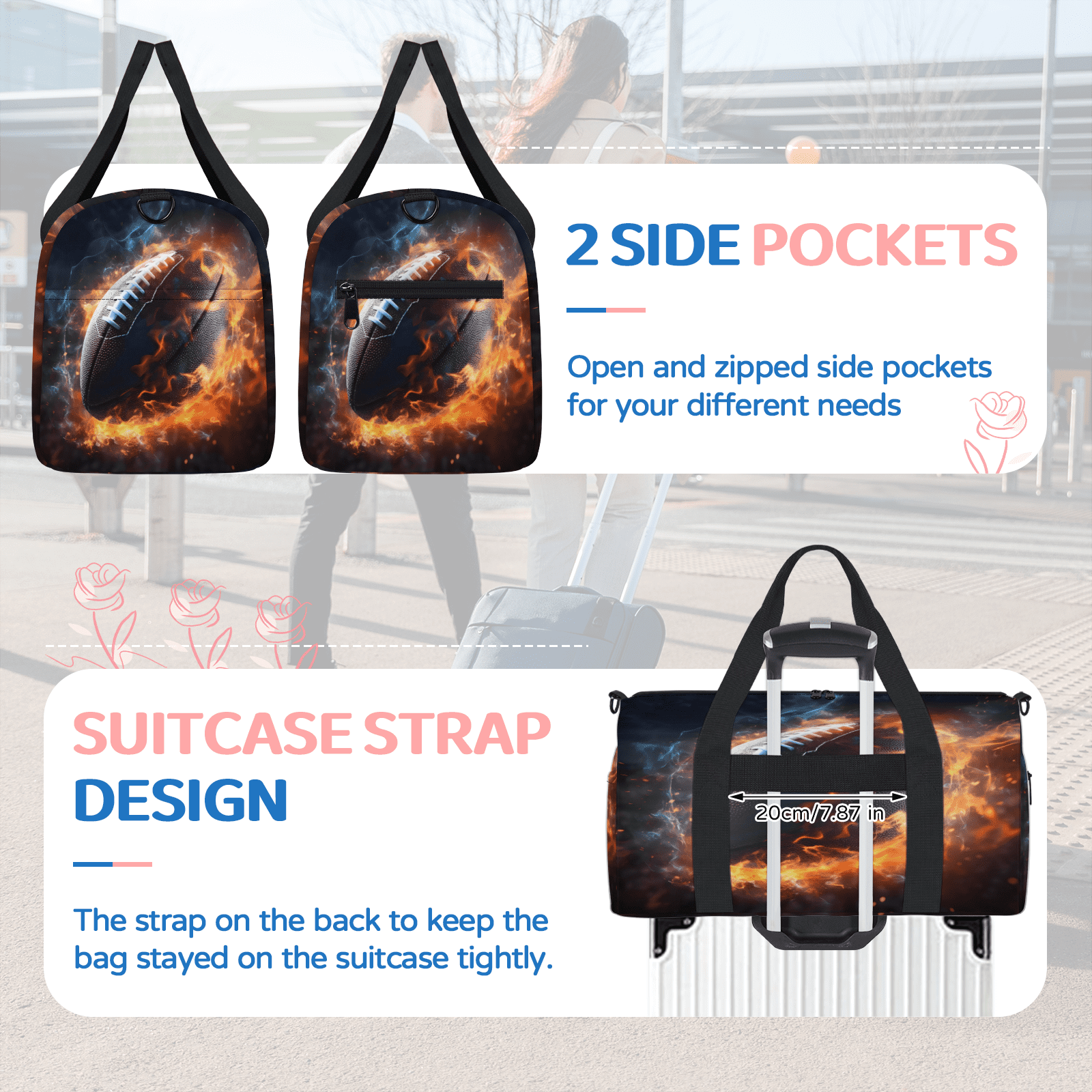 Herdesigns Football Rugby Sports Gym Bag for Women, Duffle Bag for Travel Sport, Lightweight Waterproof Carry on Weekender Overnight Dance Yoga Workout Bags