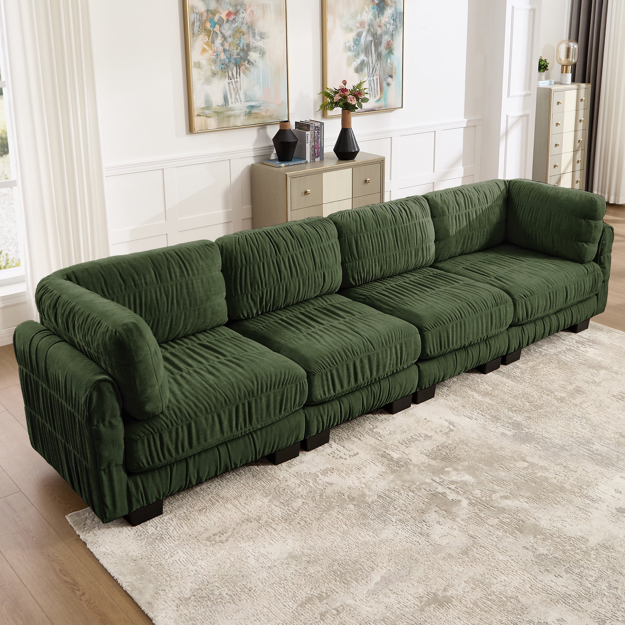 140" 4 Seat Ruched Chenille Modular Sectional Sofa with L Shape Back Cushions,Easy Assembly