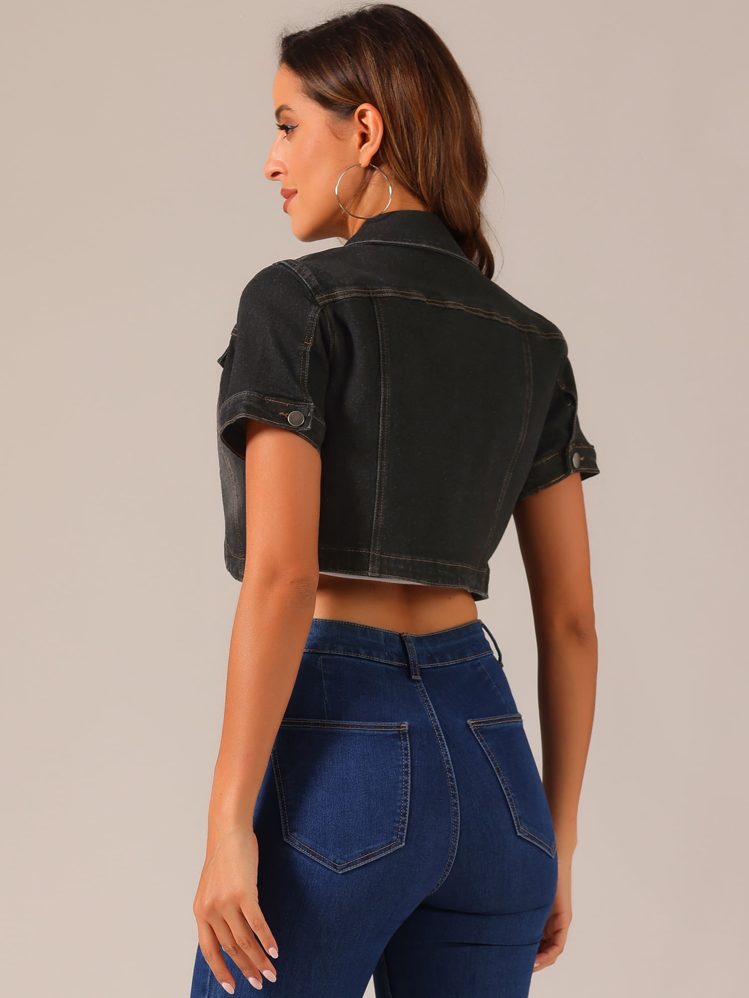 DARING DIVA Women's Summer Short Sleeves Crop Denim Jackets XL Black
