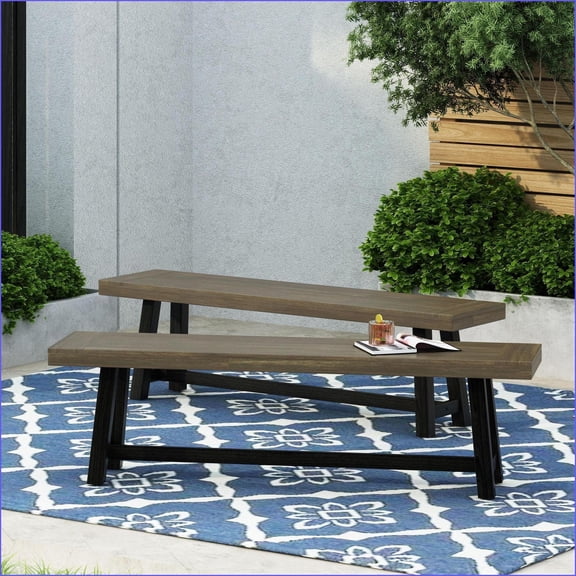 Outdoor Benches, Rustic Acacia Wood Slate Gray & Black Set of 2 for Patio | Acacia Wood | Slate Gray & Black