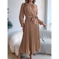 thumbnail image 6 of Women'S Long Sleeve Pleated Dress Casual Semi Formal Church Dress Mock Neck A Line Flowy Midi Dresses with Belt Khaki L, 6 of 9