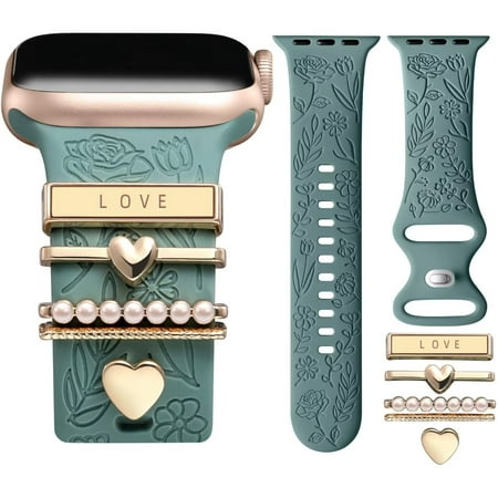 Gretung for Apple Watch Bands 40mm 41mm 38mm for Women, Flower Engraved Rose Sport Band with Decorative Apple Watch Charms for iWatch Series Ultra Ultra 2 SE 9 8 7 6 5 4 3 2 1 (With Band), PineGreen