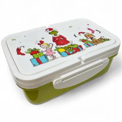 Green Holiday Lunch Container with Handle and Divided Compartments, 7.75in