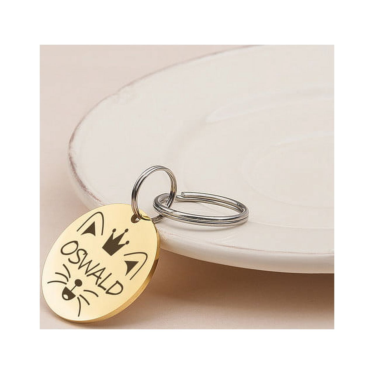 Anavia Stainless Steel Double Sided Round Name - Animal Face Engraved Dog & Cat ID Tag, Gold, L