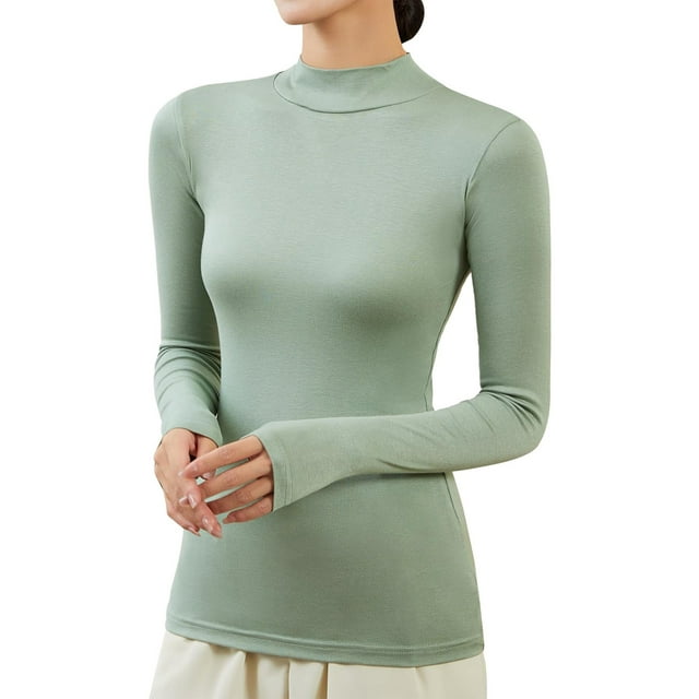Col Roulé Simulé Manches Longues pour Femmes Chandail Extensible sous-Vêtements Thermiques Ajustés Hauts Basiques Superposition Chemises Légères