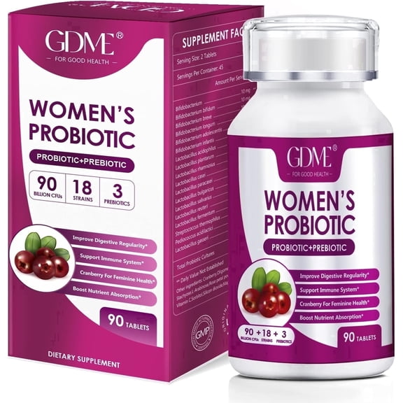 Women's Probiotics, 90 Tablets 90 Billion CFU 18 Strains, Contains Organic Prebiotic Cranberry,Probiotic Supplement for Digestion, Immunity, Women's Health, Soy Gluten Dairy Free
