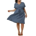 thumbnail image 2 of MODA NOVA Juniors' Plus Size Denim V Neck A Line Short Sleeve Drawstring Midi Dress, 2 of 6