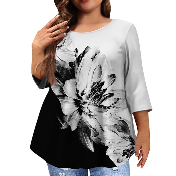 Women Plus Size Blouses Spring 3/4 Sleeve 4x-5x Tee Casual Crewneck Tops Floral Printed Loose Shirt