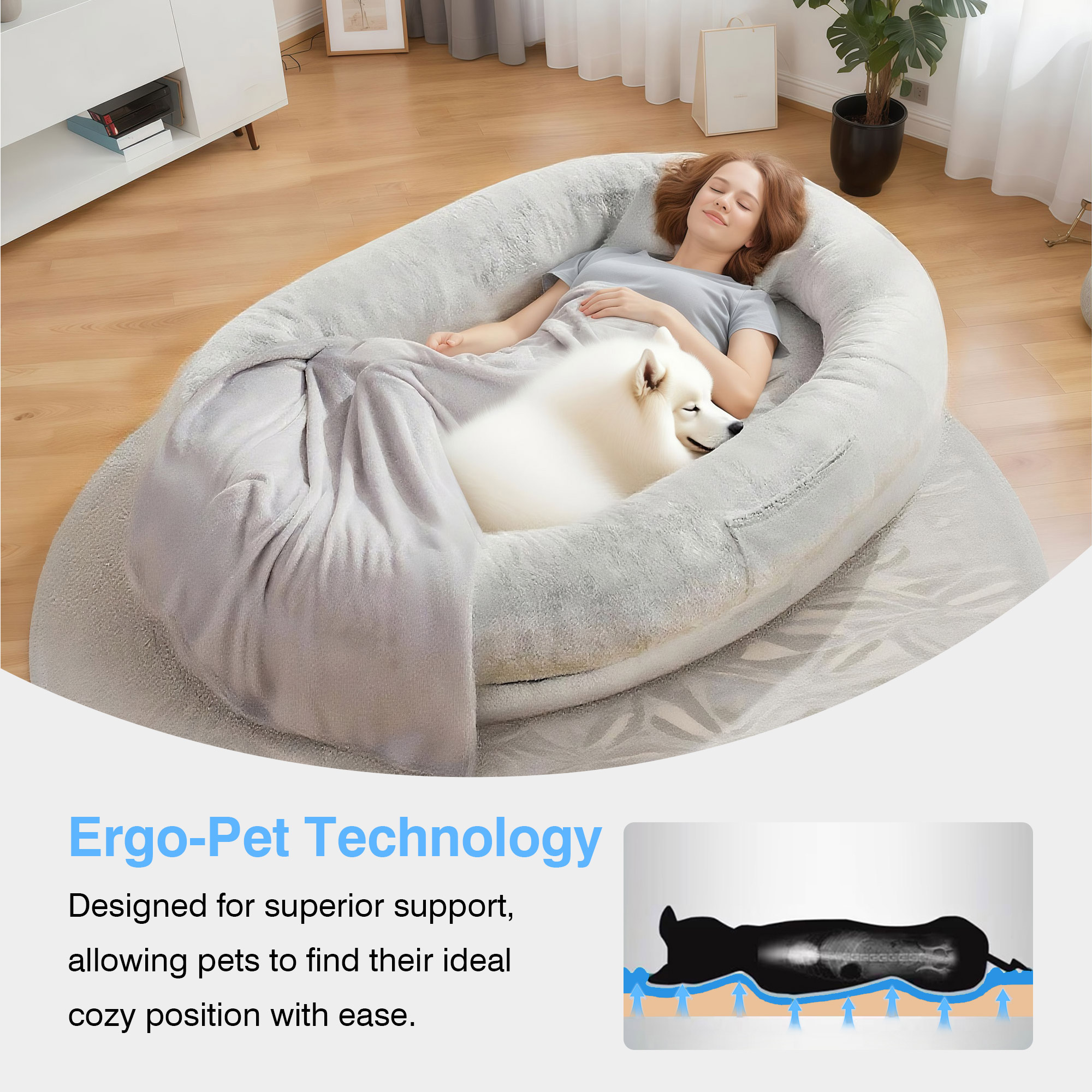 Extra Large Human Dog Bed for Adults & Pets, Faux Fur Orthopedic Lounger with Pillow & Blanket, Washable Nap Bed, Perfect Gift for Pet Lovers (68'' x 35'' x 14'')