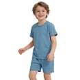 thumbnail image 2 of CPNG Girls and Boys 2 Piece Short Set Kids Summer Outfit Solid Color Short Sleeve T-shirt Elastic Waist Shorts Set(Blue,7-8 Years), 2 of 7