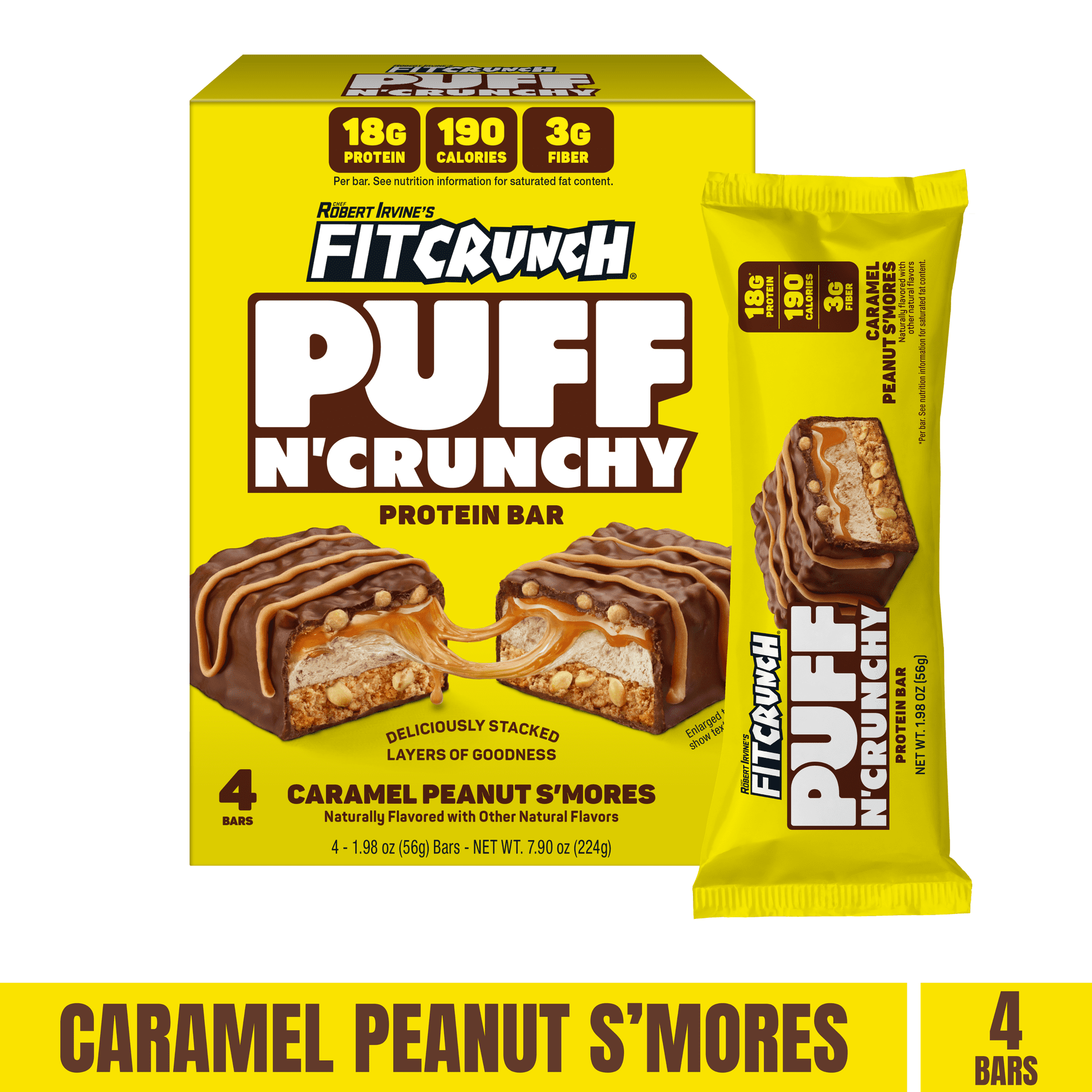 FITCRUNCH Puff n' Crunchy, Peanut Caramel Smores, 18g Protein, 4 Count