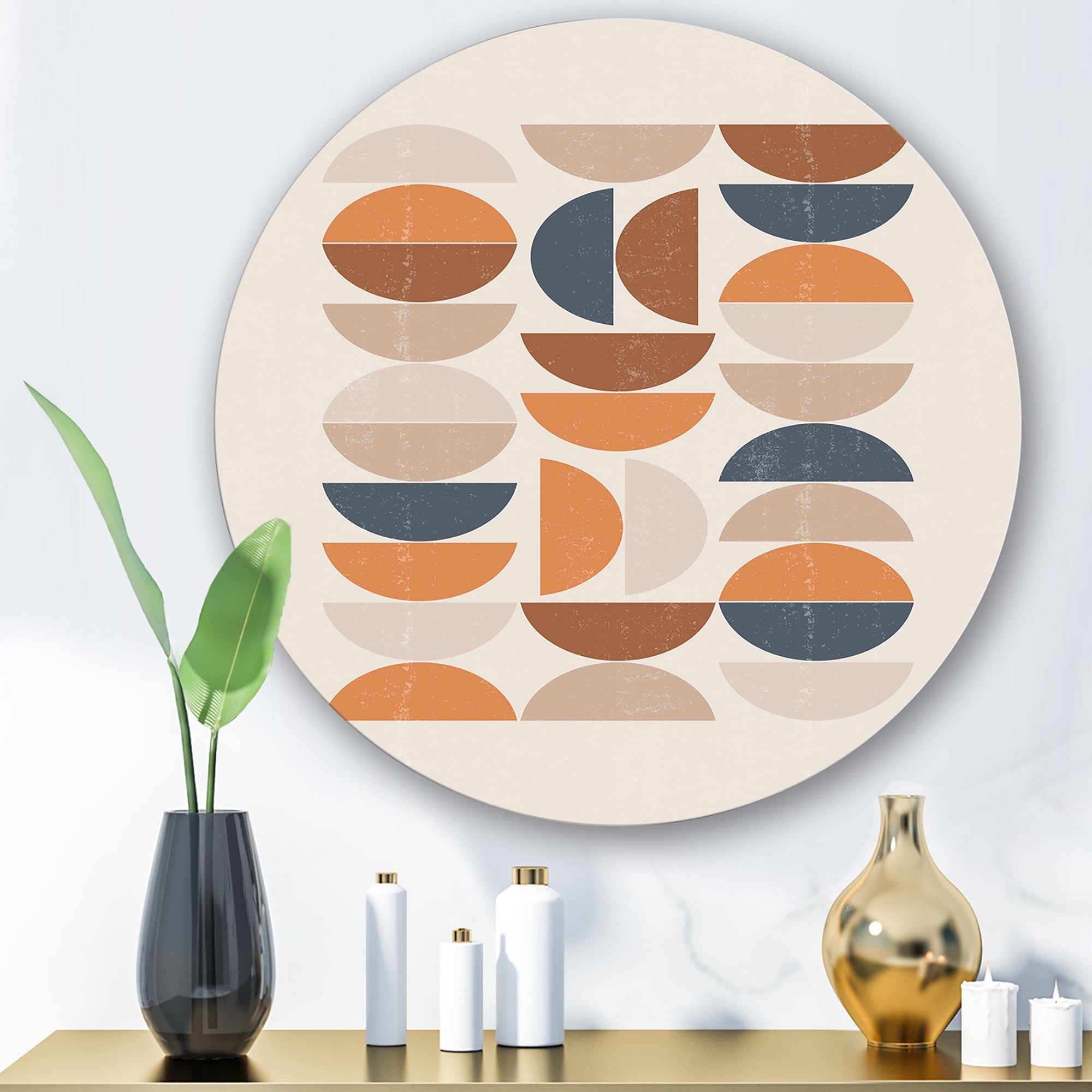 Designart 'Abstract Moon and Sun In Orange and Blue' Modern Circle Metal Wall Art 11x11 - Disc of 11