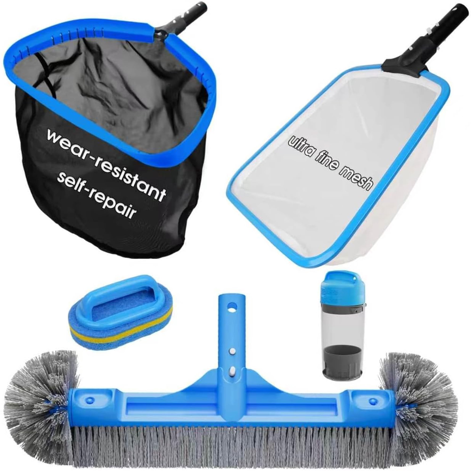 Pool Cleaning Kit Pool Net and Brush Set - 18 Repairable Pool Net & 18 Round Pool Brush & 11 Ultra Fine Mesh Pool Skimmer & Chlorine Floater & Handy Scrubber