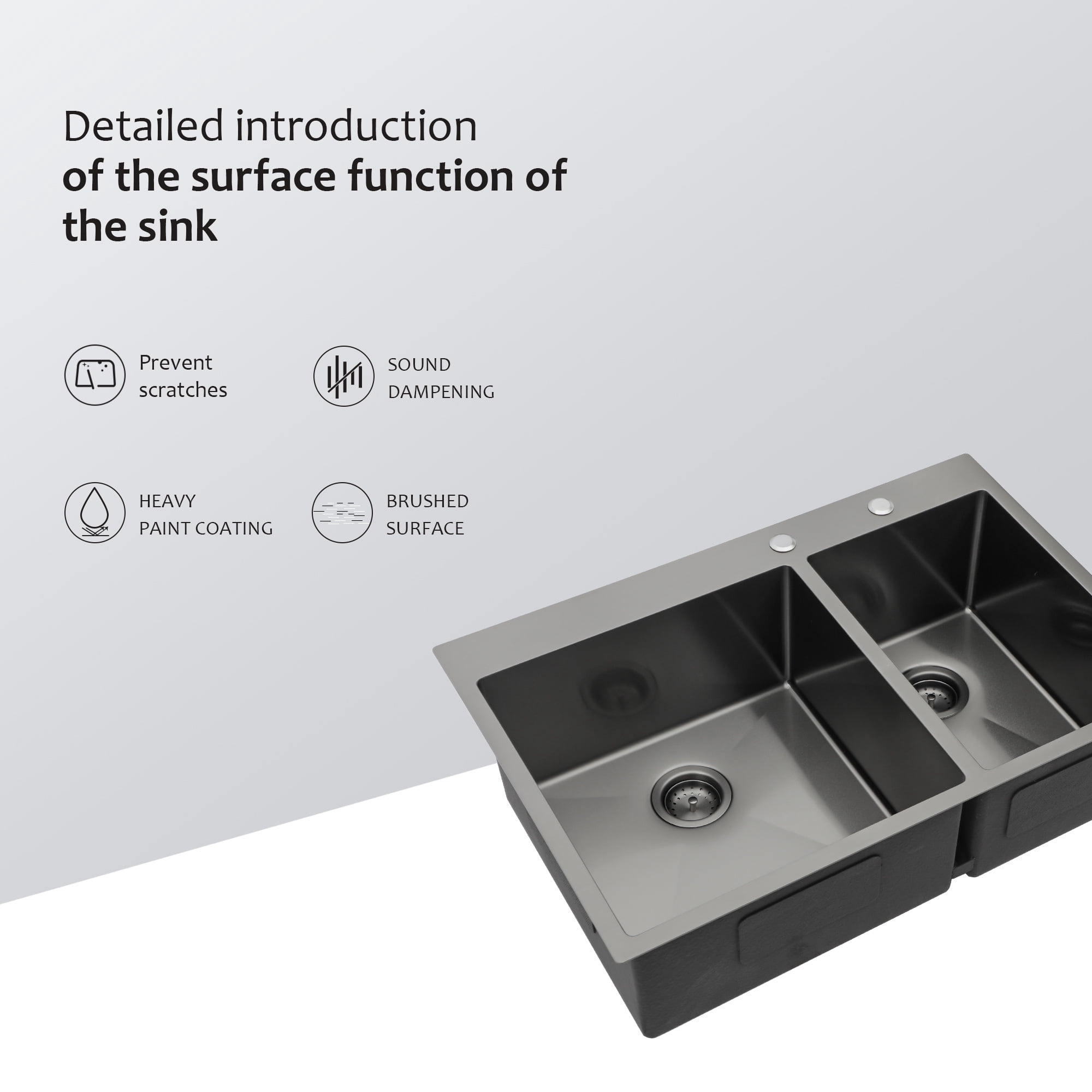 Izzovium 33"x22" Gunmetal Black Double Bowl Drop in Kitchen Sink, 16 Gauge Stainless Steel with 10" Deep Basin (60/40), Soundproof & Anti-Condensation