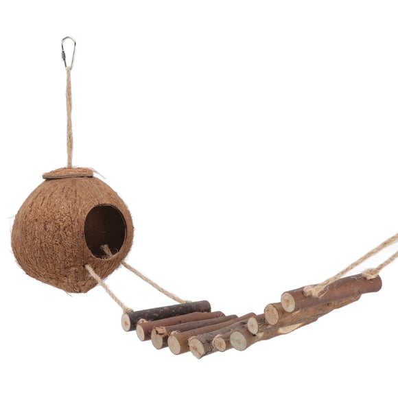 Coconut Hideaway House, Natural Log Solid Safe 2 Agujeros Colgando de Nido Concalera de Cuerda para Mascotas Pequeñas