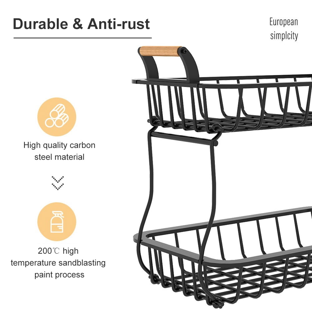 CACAGOO 2 Tier Countertop Fruit Basket Kitchen Organizer with Wooden Handle for Kitchen Counter Metal Mesh Basket Fruits Stand Produce Holder Organizer