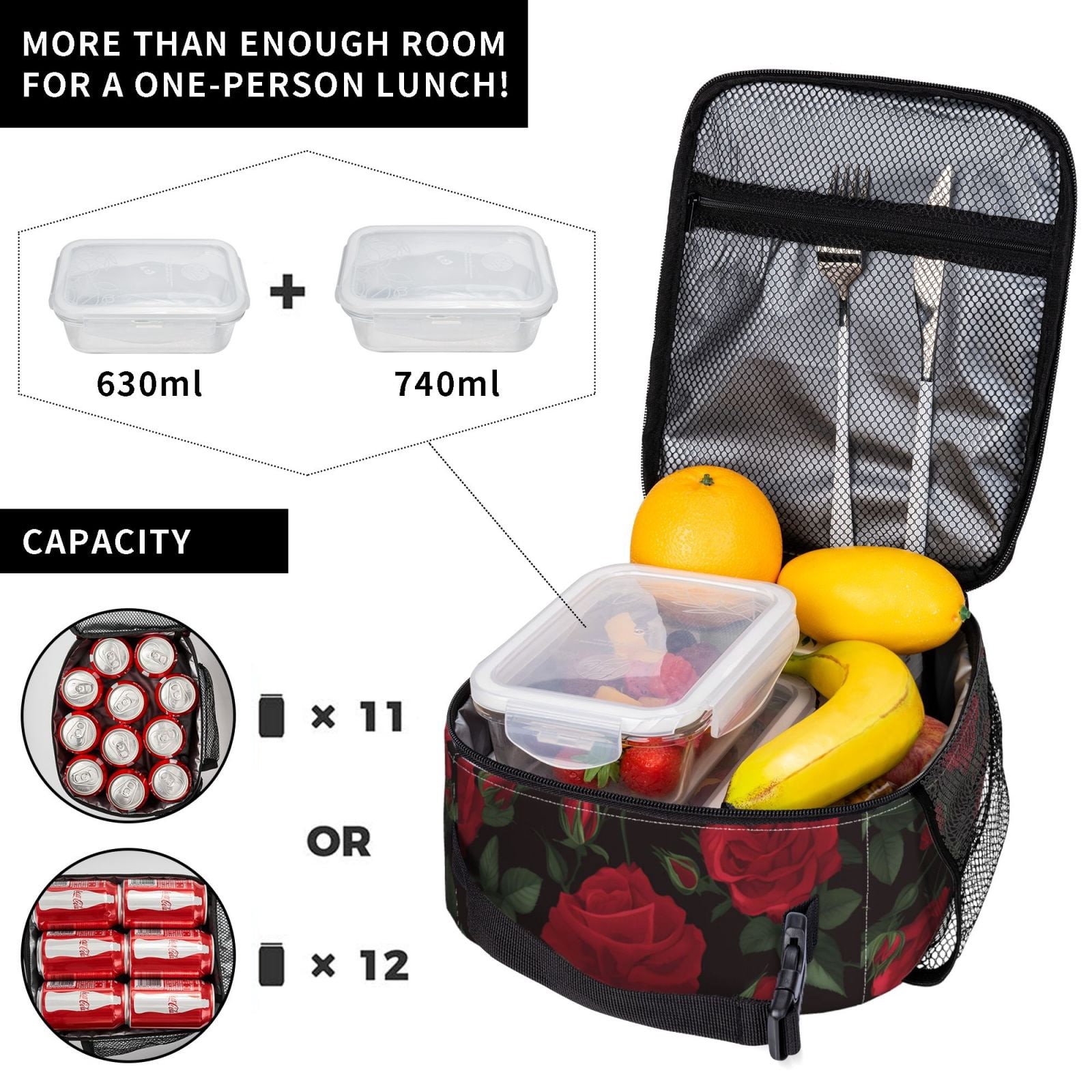 Lunch Bag For Women Men Insulated Portable Lunch Box Bento Box Office Picnic Travel Cooler Bag Red Rose Flower (2)