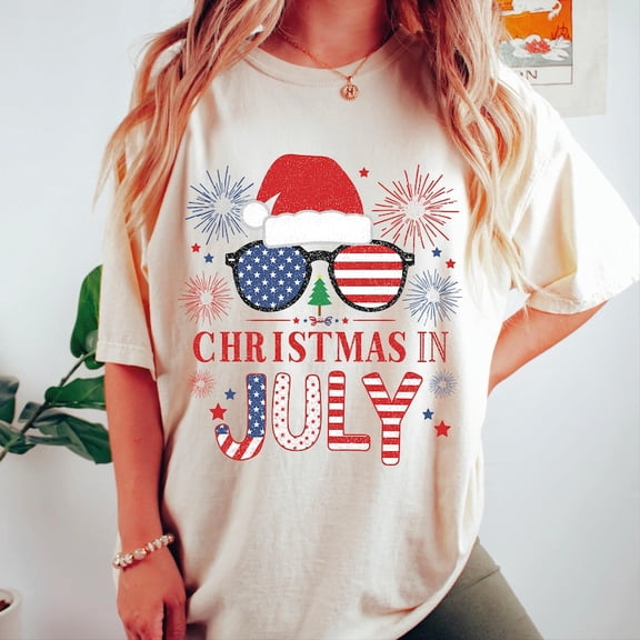 Christmas In July Summer Beach Hawaii Santa USA Flag T-Shirt, Patriotic Santa Shirt, 4th of July TH240628