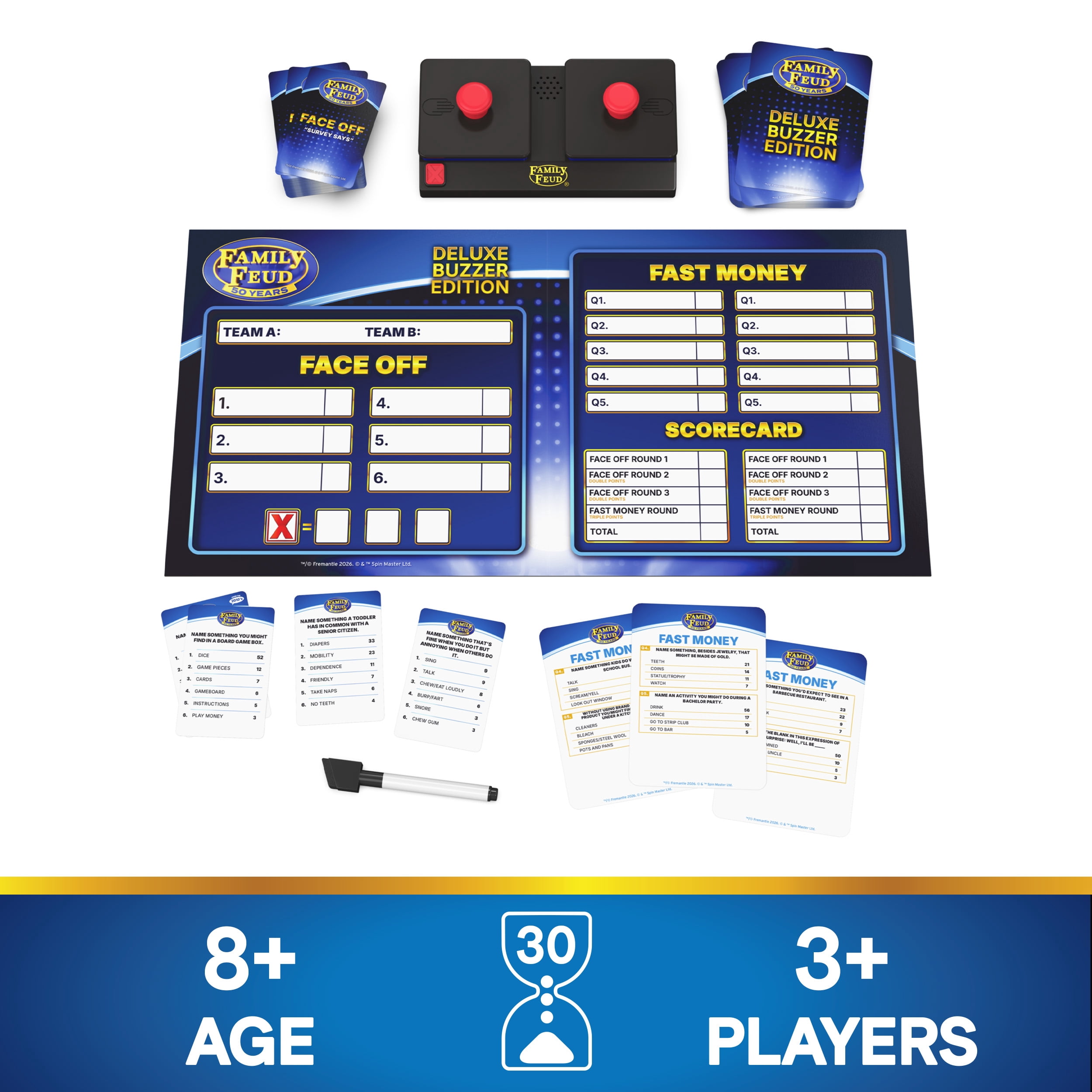Spin Master Games, Family Feud: Deluxe Buzzer Edition, 50th Anniversary, Classic Survey Says Guessing Game for Family Game Night, Includes 2 Buzzers with Lights & Sounds, 3+ Players, for Ages 8 & Up
