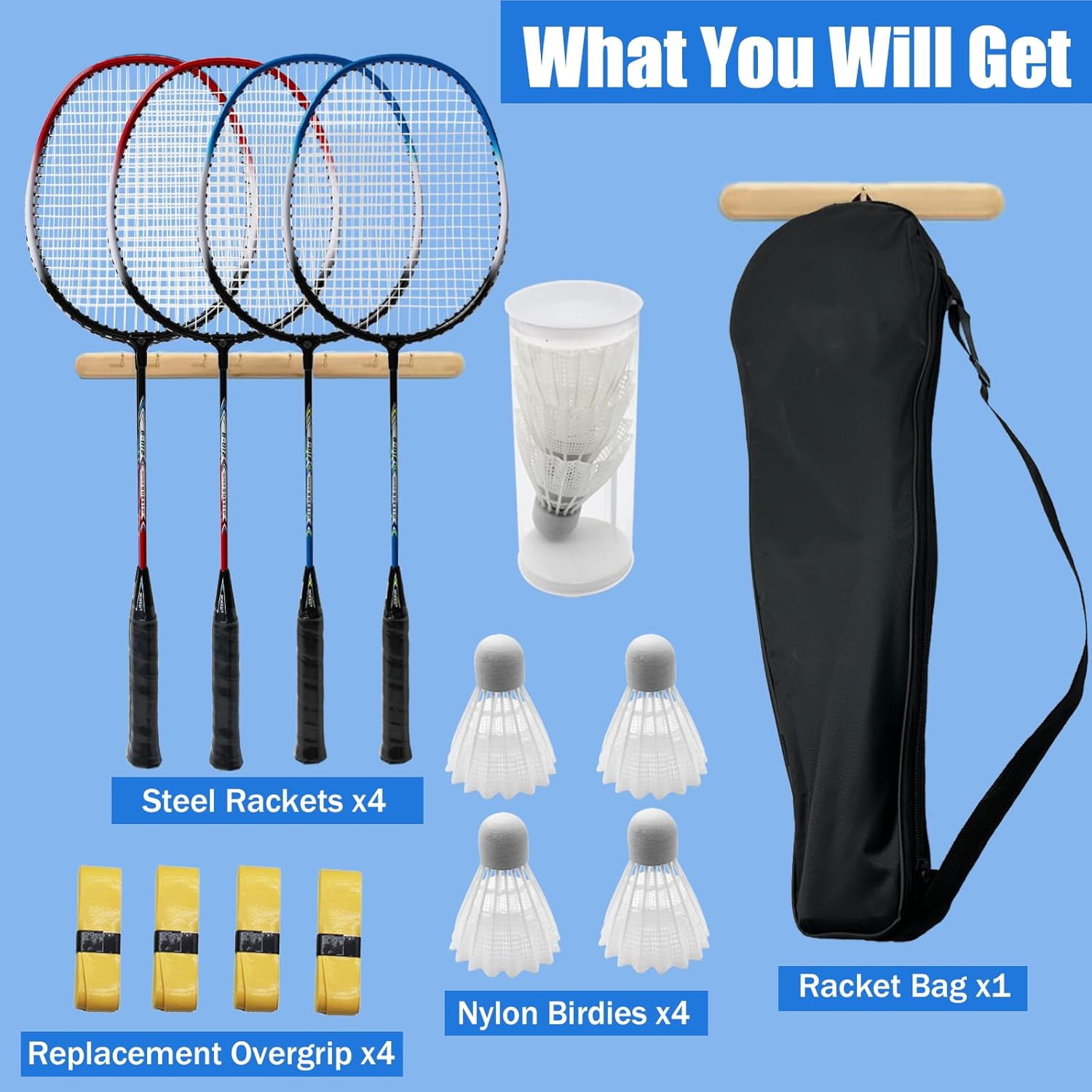 Badminton Rackets Set, Including Racquets, Shuttlecocks, Replacement Grip Tapes & Carry Bag