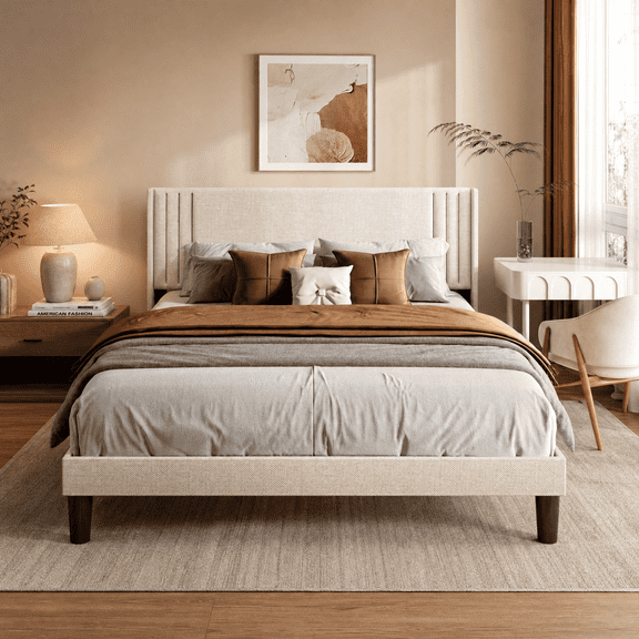 Asofer Full Beige Upholstered Platform Bed Frame, Wingback Fabric Headboard, Silent Wood Slat Support, Under-Bed Storage, No Box Spring Required,Beige