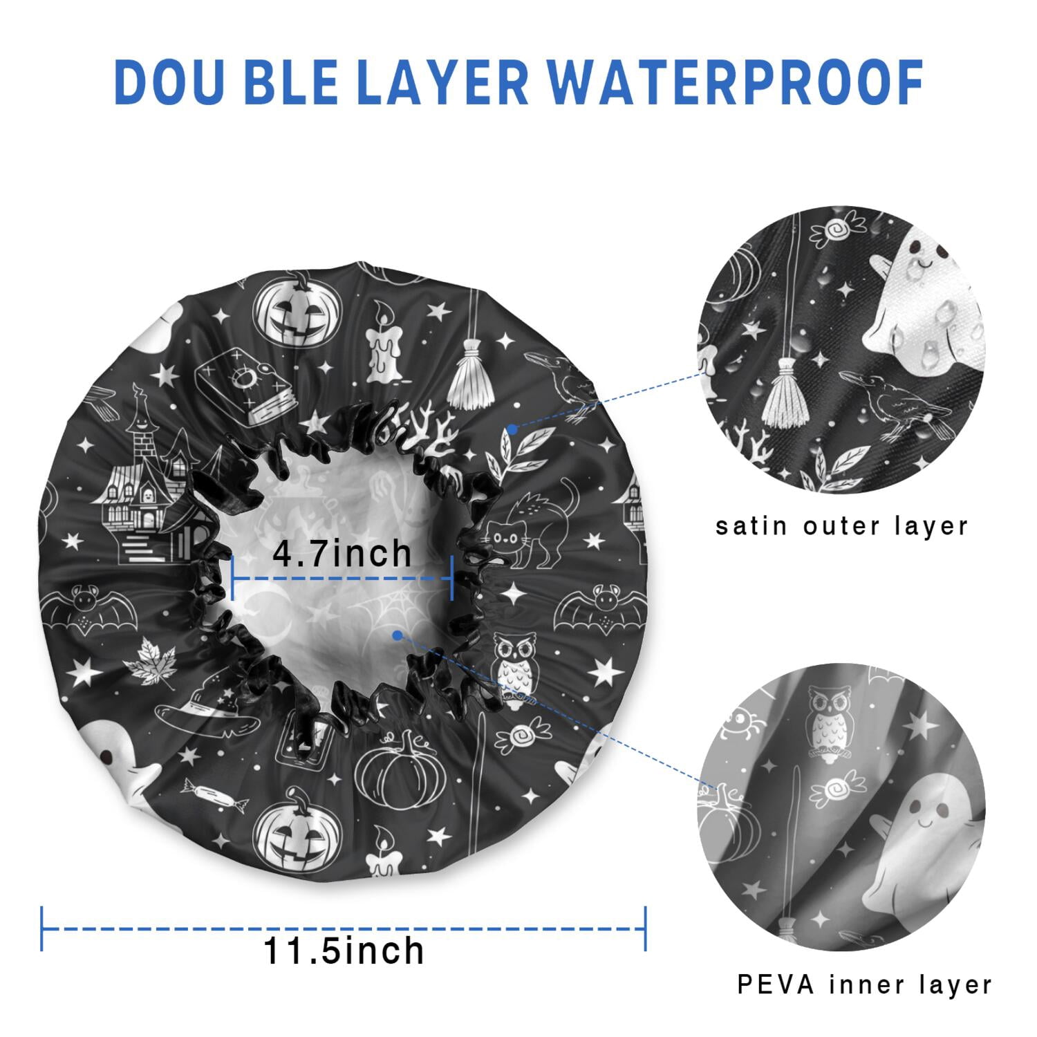Shower Caps,Black and White Halloween Elements Pattern Waterproof Shower Cap for Women 4 Pieces,Double Reusable Hair Cover for Shower PEVA Elastic Stretch Hem