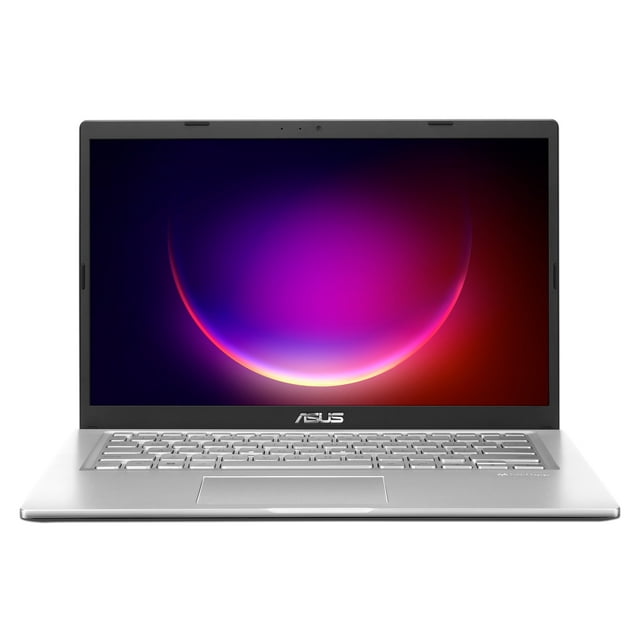 laptop asus vivobook: intel core i3 1115g4, ram 8gb ddr4, ssd 128gb, 14" led, w11h. teclado versión en inglés. Vista frontal centrada de portátil ASUS Vivobook color plata con pantalla LED de 14" encendida, teclado en inglés de isla y panel táctil centrado, logo ASUS en el bisel inferior; incluye gráficos UHD y Windows 11 Home; suele usarse para estudio y trabajo diario.
