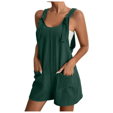 

ZQGJB Savings Jumpsuits for Women Dressy 2023 Clearance Summer Plus Size Linen Short Overalls Casual Bowknot Adjustable Suspender Shorts Solid Color Rompers with Pockets #01-Dark Green M