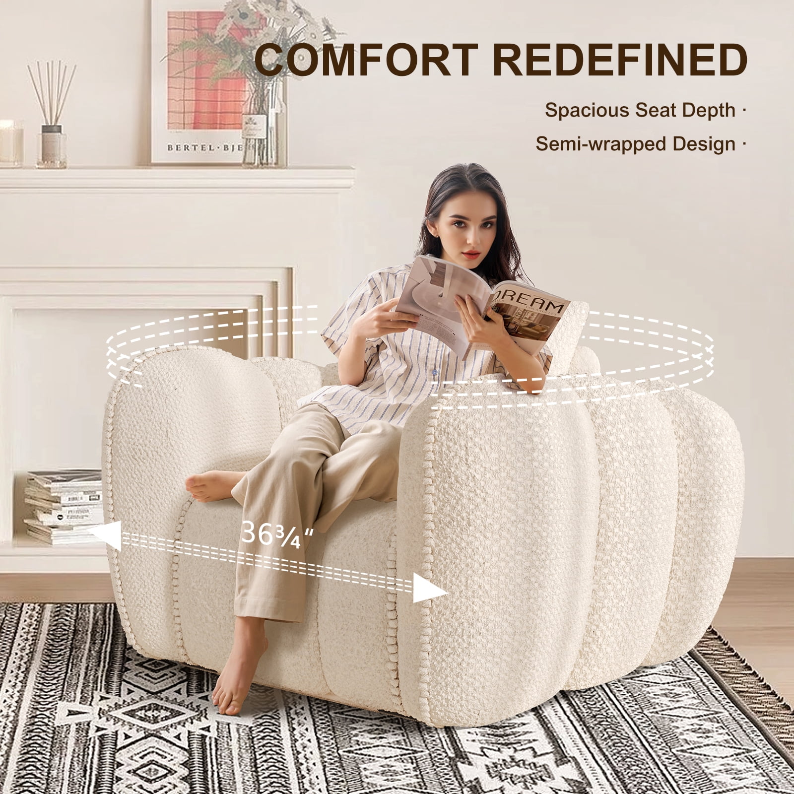 Furniliving Bean Bag Chair for Adults, Oversized Lazy Floor Sofa with Armrests, No Assembly Required, Pumpkin Shaped Bean Bag Sofa for Living Room, Bedroom Apartment Office(Beige)