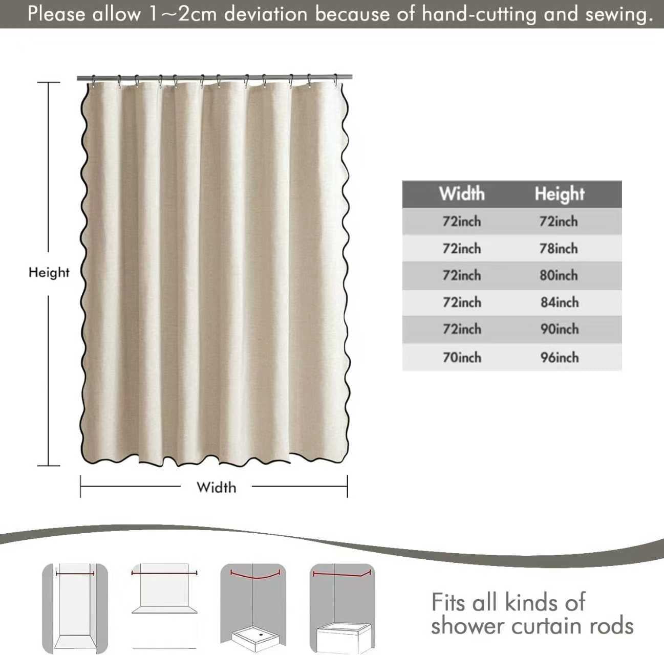 Beige Scalloped Shower Curtain Linen Textured Cute Heavy Duty Washable Waterproof Neutral Thick Cloth Shower Curtains with Black Border for Bathroom Bathtub,W72*L72 Cream