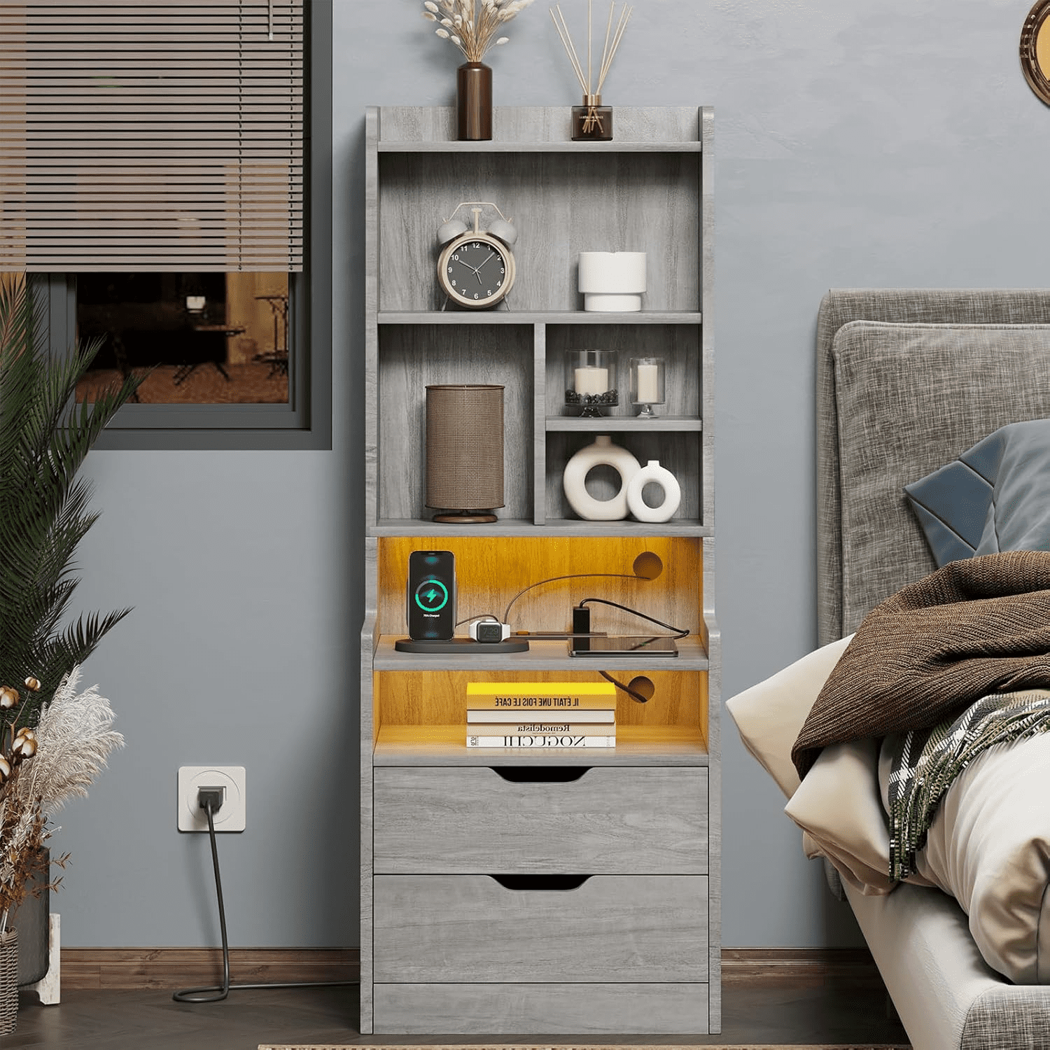 Toogaho Nightstand with 2 Drawers and Bookshelf, Bedside Table with LED Light and Charging Station, End Table Storage Cabinet for Bedroom, Gray
