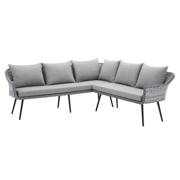 Lounge Sectional Sofa, Rattan, Wicker, Grey Gray, Modern Contemporary Urban Design, Outdoor Patio Balcony Cafe Bistro Garden Furniture Hotel Hospitality