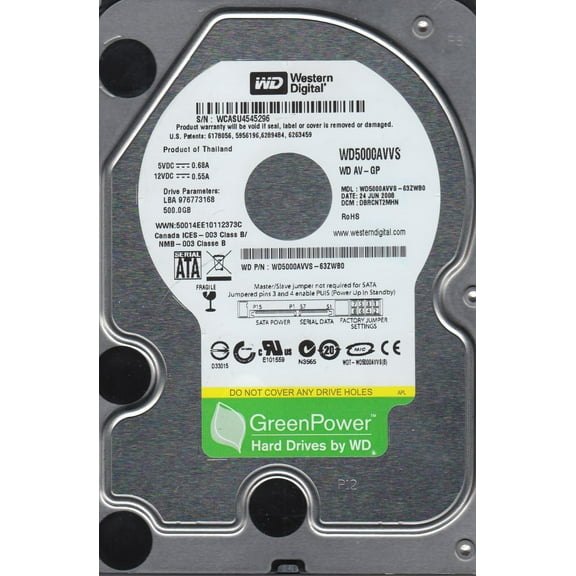 WD5000AVVS-63ZWB0, DCM DBRCNT2MHN, Western Digital 500GB SATA 3.5 Hard Drive