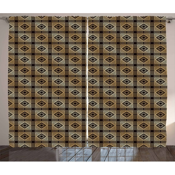 Art Deco Curtains 2 Panels Set Castellated Form Of Symmetric Diversified Diamond Shape Retro Style Window Ds For Living Room Bedroom 108w X 90l Inches Dark Brown And Sand By Ambesonne Art Deco Curtains 2 Panels Set, Art Deco Curtains Gold